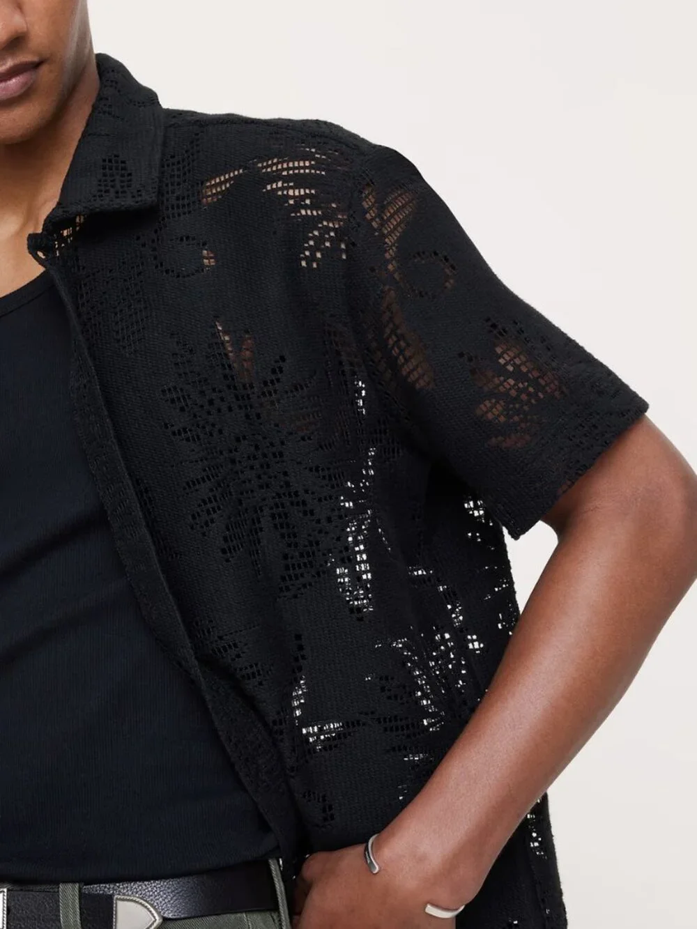 NWT Banana Republic Men's Black Open-Mesh Floral Knit SS Resort Shirt XL Tall